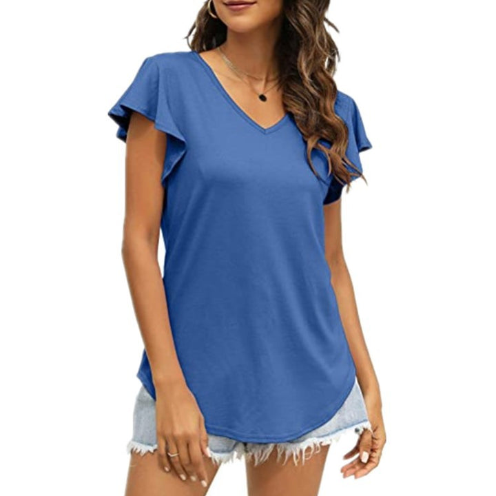 Damen V-Ausschnitt T-Shirt mit Rüschenärmeln und lässigem Schnitt Drune
