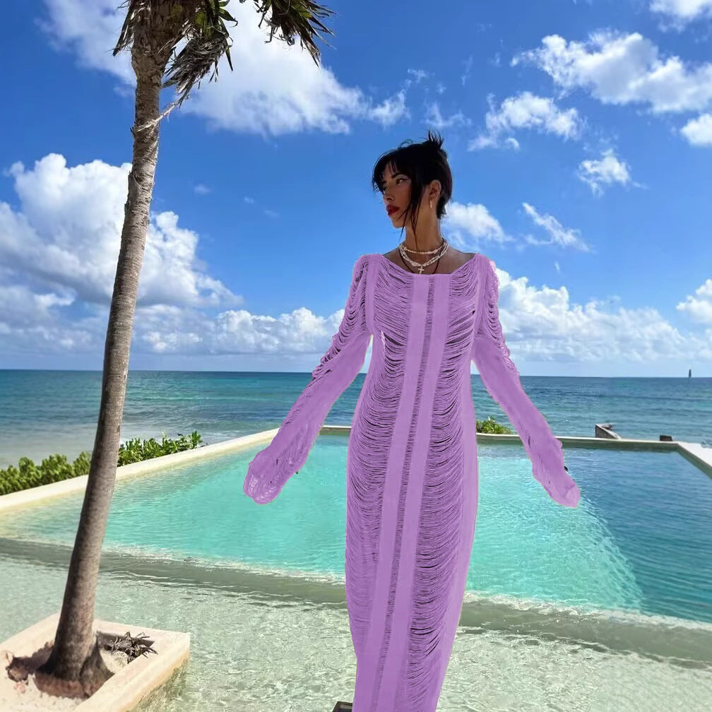 Damen elegantes Strandkleid mit raffinierten Fransen und transparenten Elementen Drune