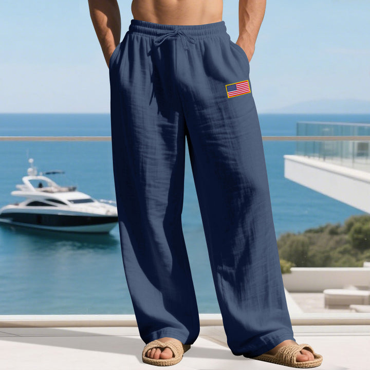 Herren nan lässige Leichtgewicht-Loungehose mit Tunnelzugbund, weitem Bein und Flaggen-Patch Drune