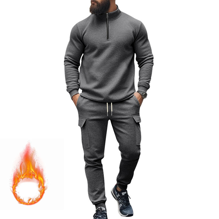 Herren nan Strick-Trainingsset mit halbem Reißverschluss, Zopfmuster-Pulli und Kordelzug-Jogger Drune