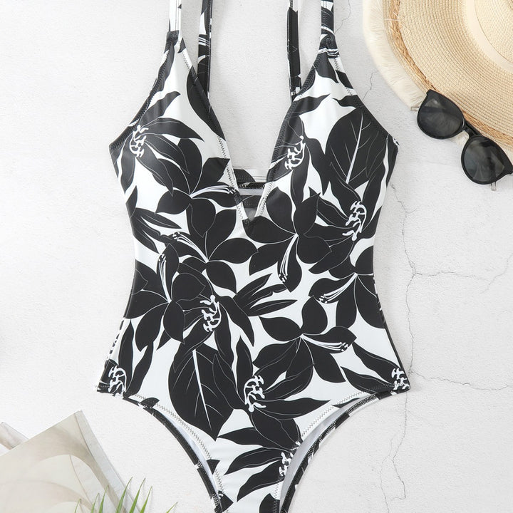 Damen Einteiler Badeanzug mit elegantem floralem Design und modernem V-Ausschnitt Drune