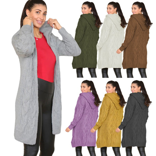 Damen Strickmantel mit Kapuze und strukturiertem Zopfmuster Drune