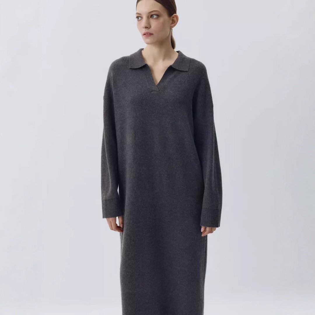 Damen Übergröße Strickkleid mit modernem Polokragen und langen Ärmeln Drune