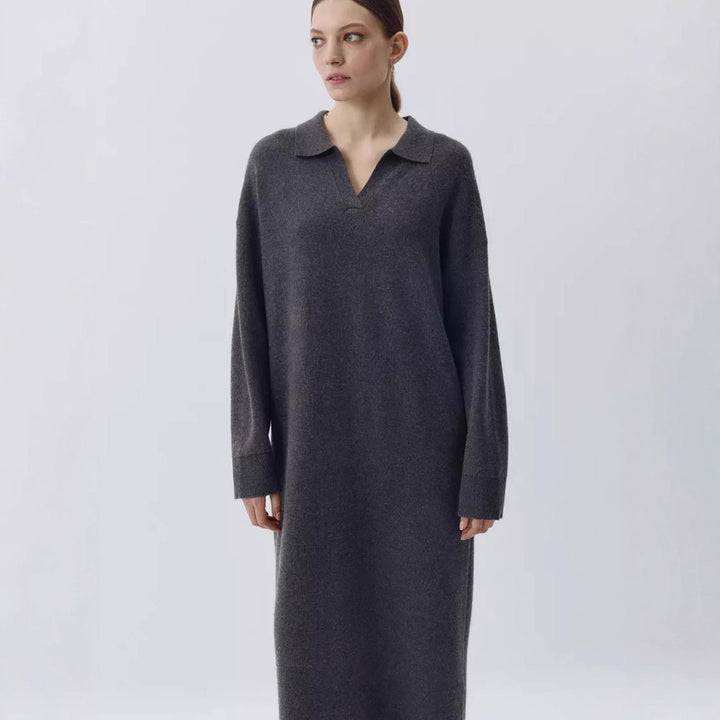 Damen Übergröße Strickkleid mit modernem Polokragen und langen Ärmeln Drune