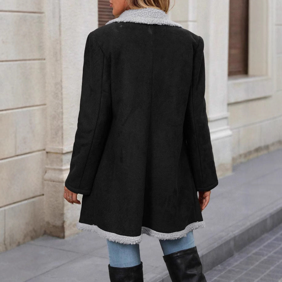 Damen Modische Oversized-Jacke mit Teddyfutter und doppelter Knopfleiste Drune