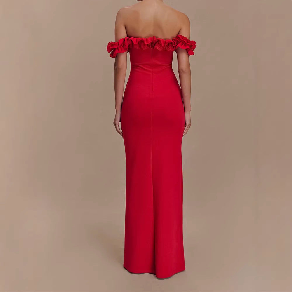 Damen Elegantes, schulterfreies Maxikleid mit Rüschendetails Drune
