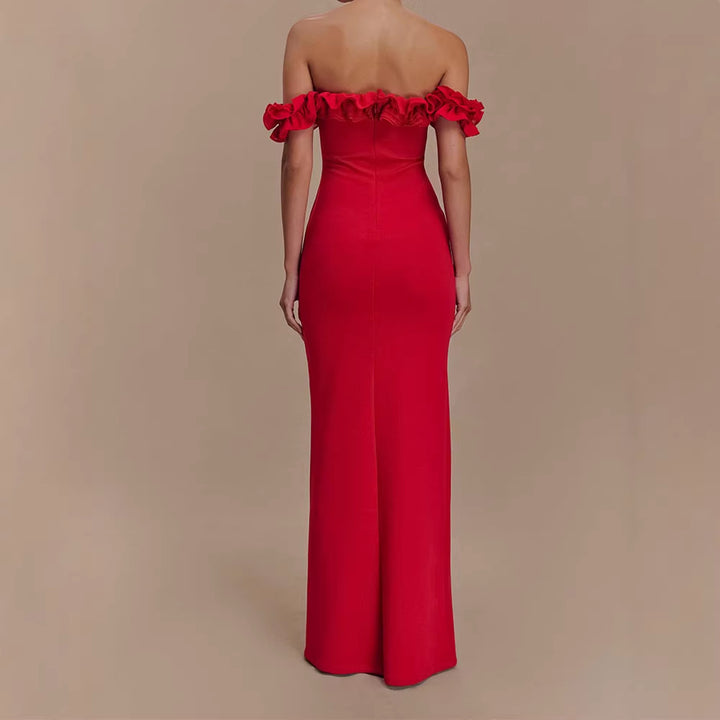 Damen Elegantes, schulterfreies Maxikleid mit Rüschendetails Drune