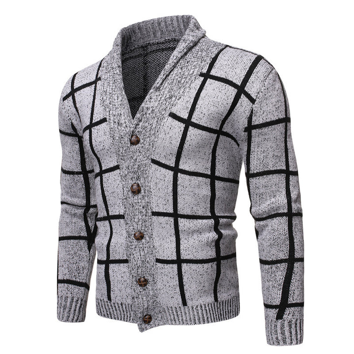 Herren modische Strickjacke mit V-Ausschnitt und modernem Karomuster Drune