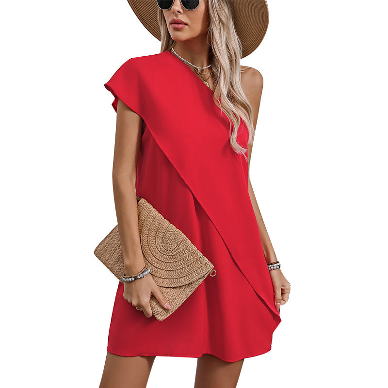 Damen asymmetrisches Cocktailkleid mit schulterfreiem Design und fließendem Stoff Drune