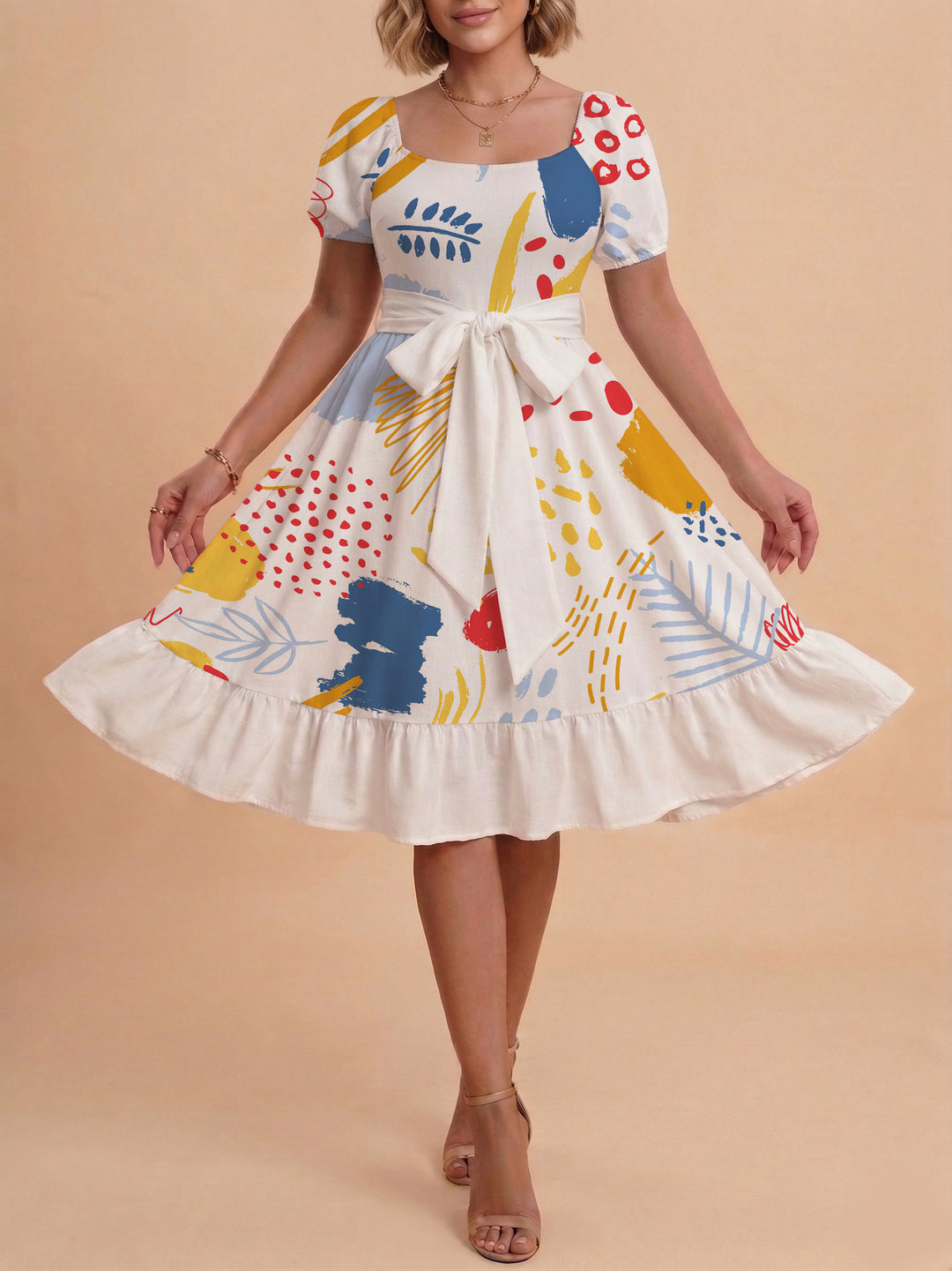 Damen Sommerkleid mit floralem Puffärmel und taillierbarem Gürtel Drune