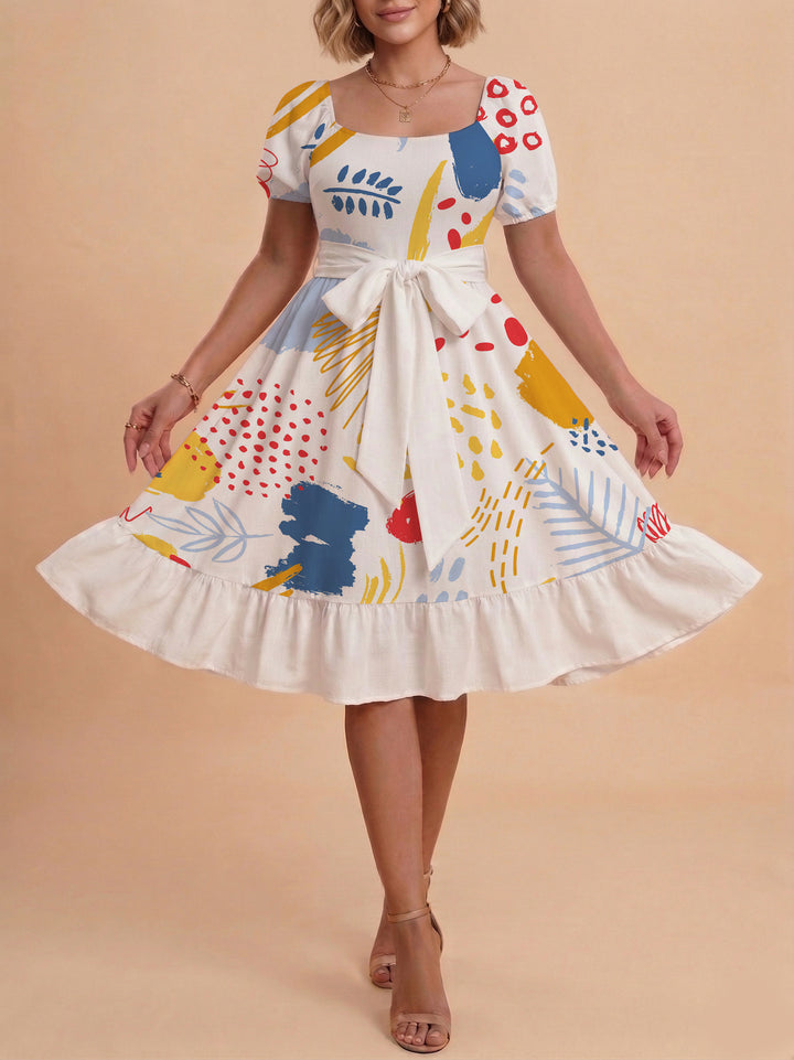 Damen Sommerkleid mit floralem Puffärmel und taillierbarem Gürtel Drune