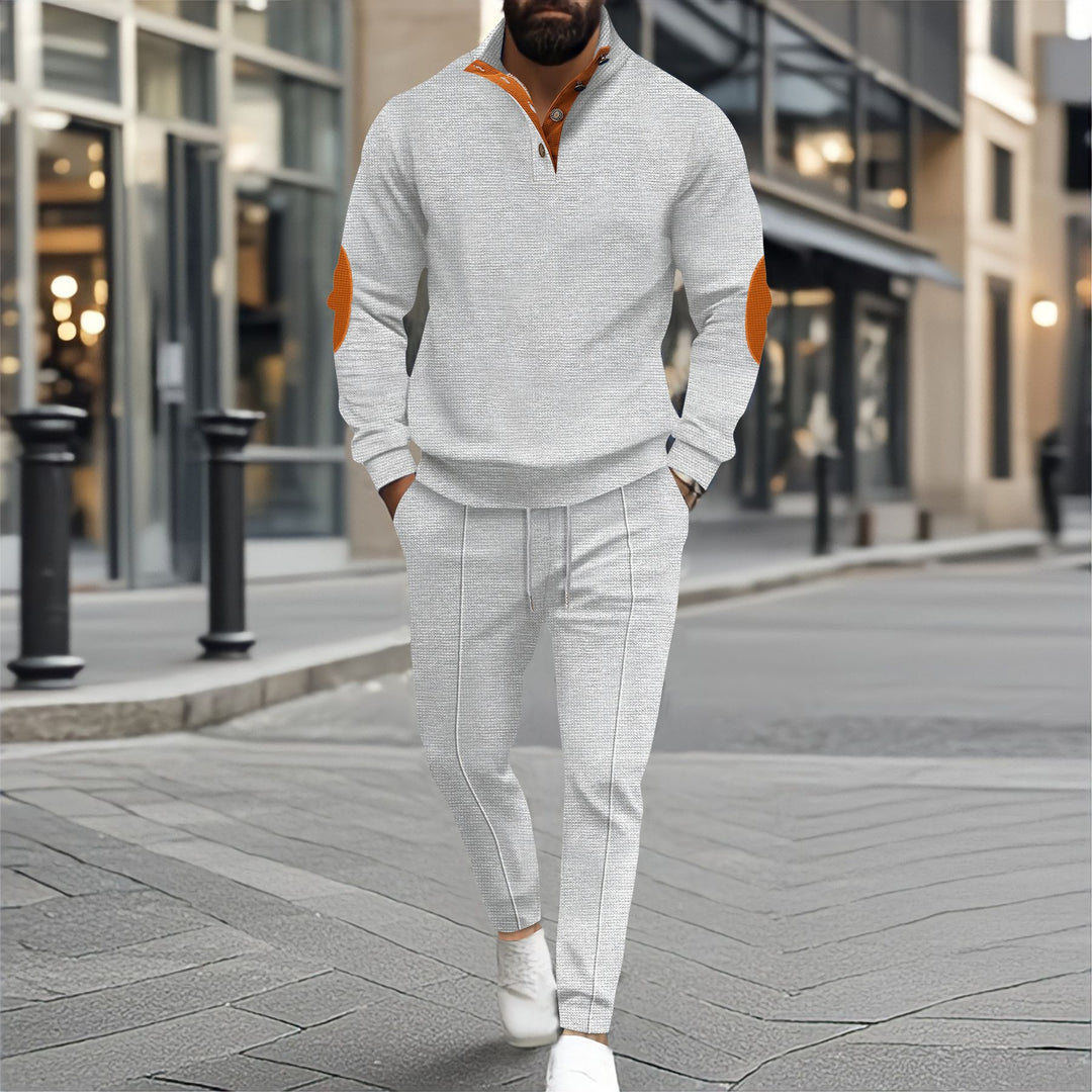 Herren nan feinstrukturiertes Halbkragen-Sweatshirt mit Knopfleiste, dekorativen Ellbogenpatches und legerem Saumabschluss Drune