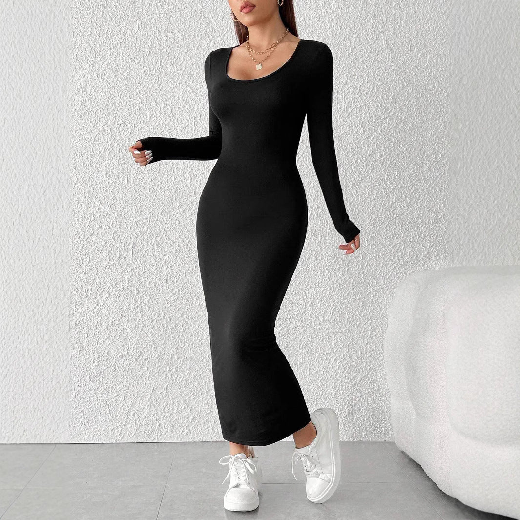 Damen figurbetontes Maxikleid mit langem Arm und elegantem Rundhalsausschnitt Drune