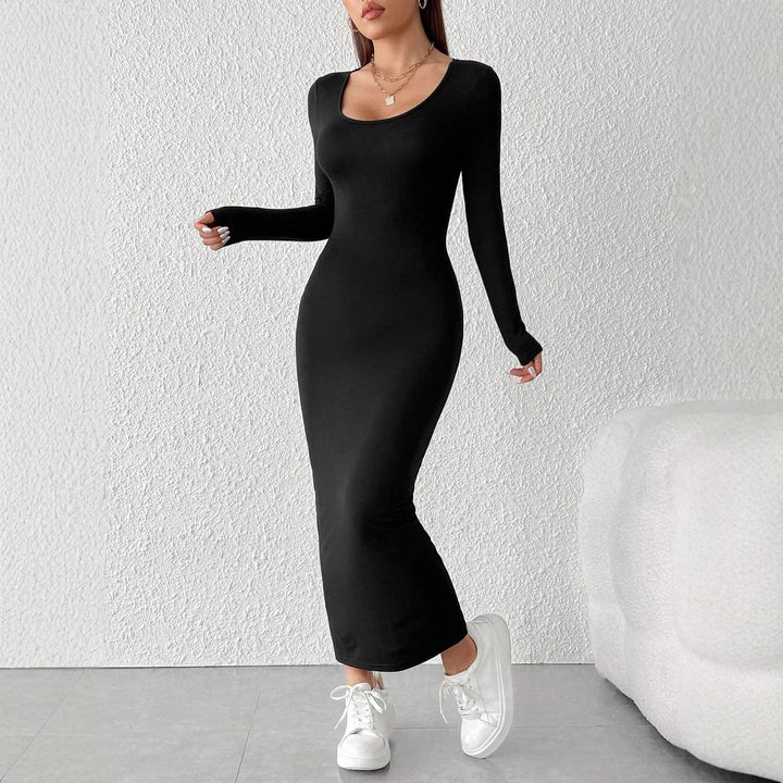 Damen figurbetontes Maxikleid mit langem Arm und elegantem Rundhalsausschnitt Drune