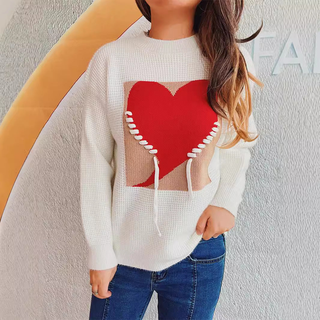 Damen modischer Pullover mit Herzapplikation und rückseitigem Kordelzug Drune