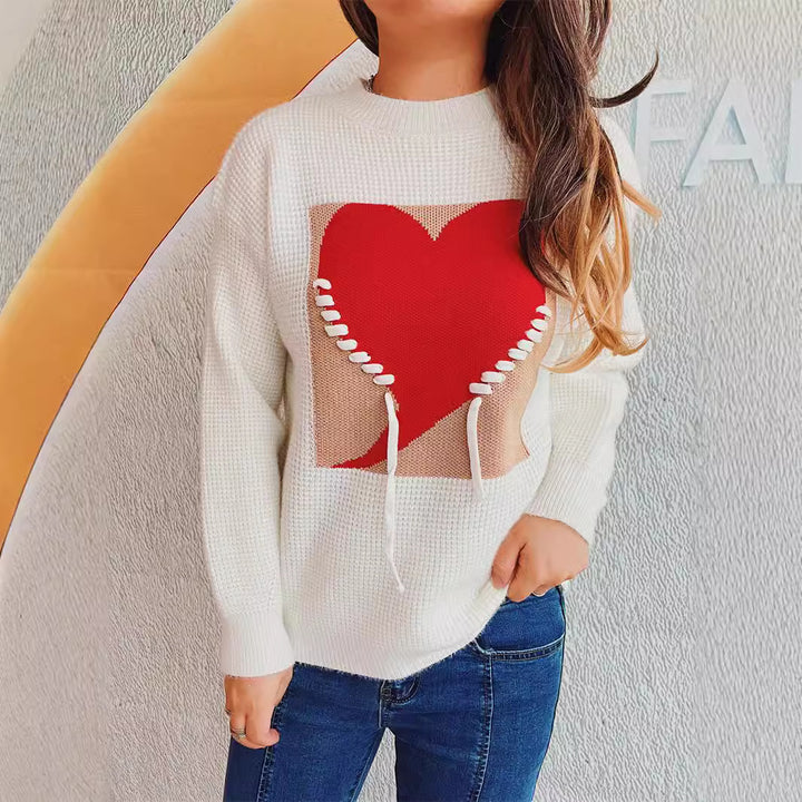 Damen modischer Pullover mit Herzapplikation und rückseitigem Kordelzug Drune