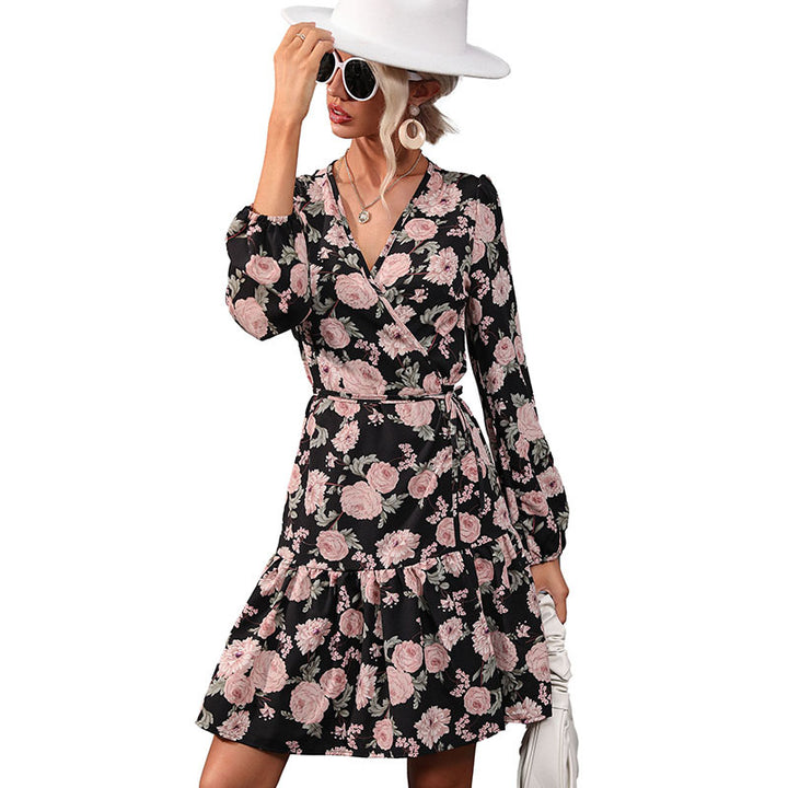 Damen umwerfendes Wickelkleid mit floralen Muster und femininer Rüsche Drune