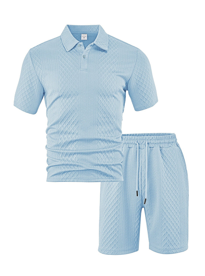 Herren nan eleganter Freizeit-Zweiteiler aus geprägtem Strick mit Polokragen Kurzarmshirt und Tunnelzug-Bermuda Drune