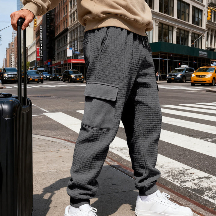 Herren nan Waffelstruktur Cargohose im Joggingstil mit Klappentaschen und elastischem Bund Drune