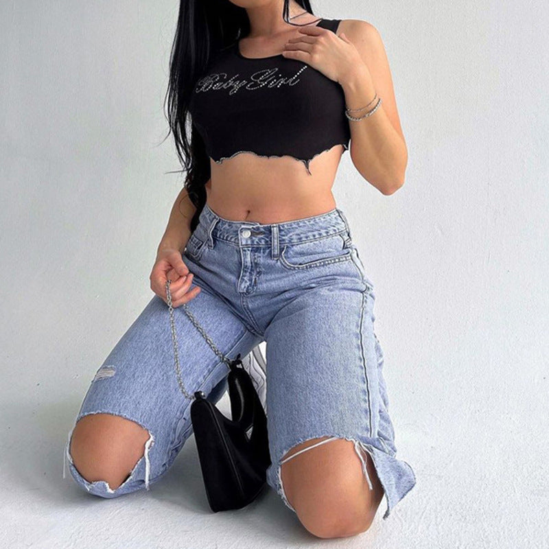 Damen Crop-Top mit glitzerndem Schriftzug und trendy Schnitt Drune