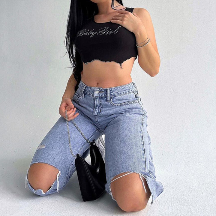 Damen Crop-Top mit glitzerndem Schriftzug und trendy Schnitt Drune