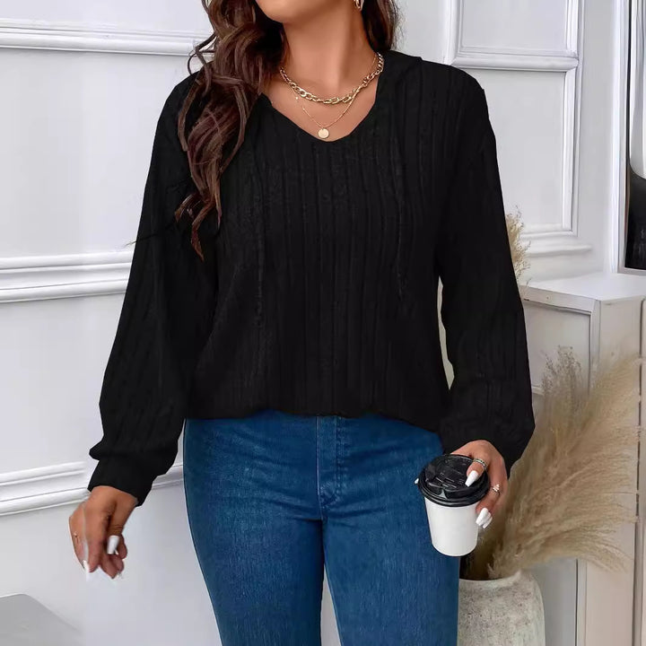 Damen nan gerippter Kapuzenpullover aus Feinstrick mit V-Ausschnitt Drune