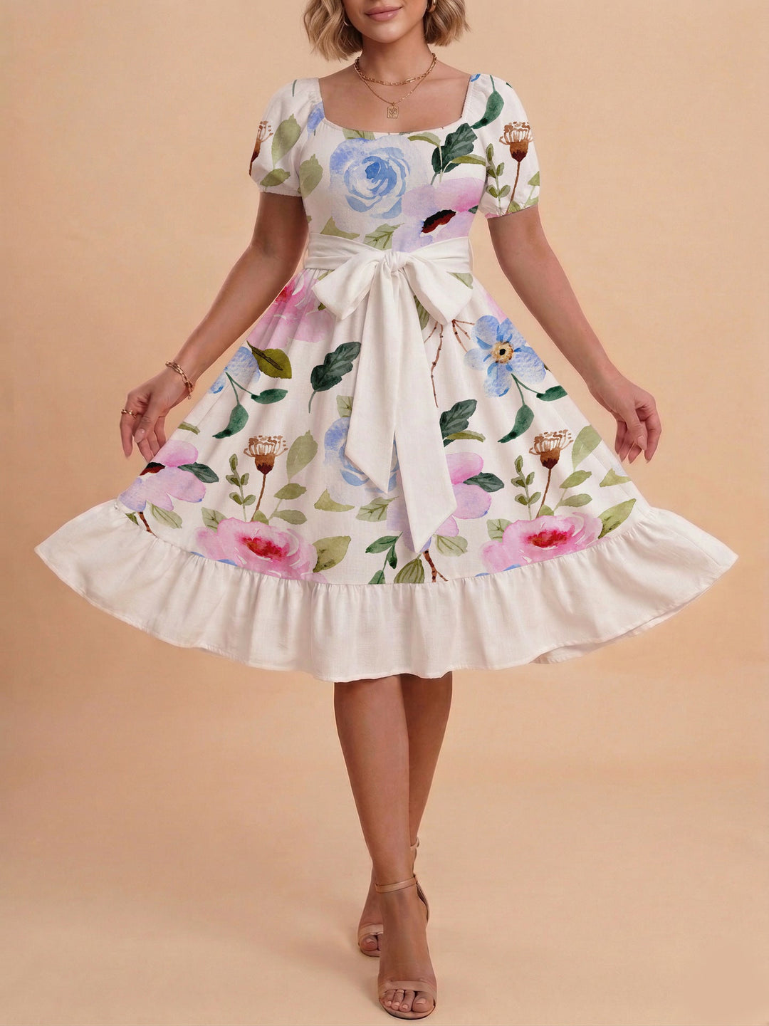 Damen Sommerliches Blumenkleid mit taillierbarem Gürtel und voluminösen Ärmeln Drune