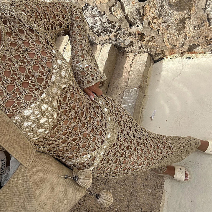 Damen Elegantes Häkel-Maxikleid mit weitem Schnitt und feinen Details Drune
