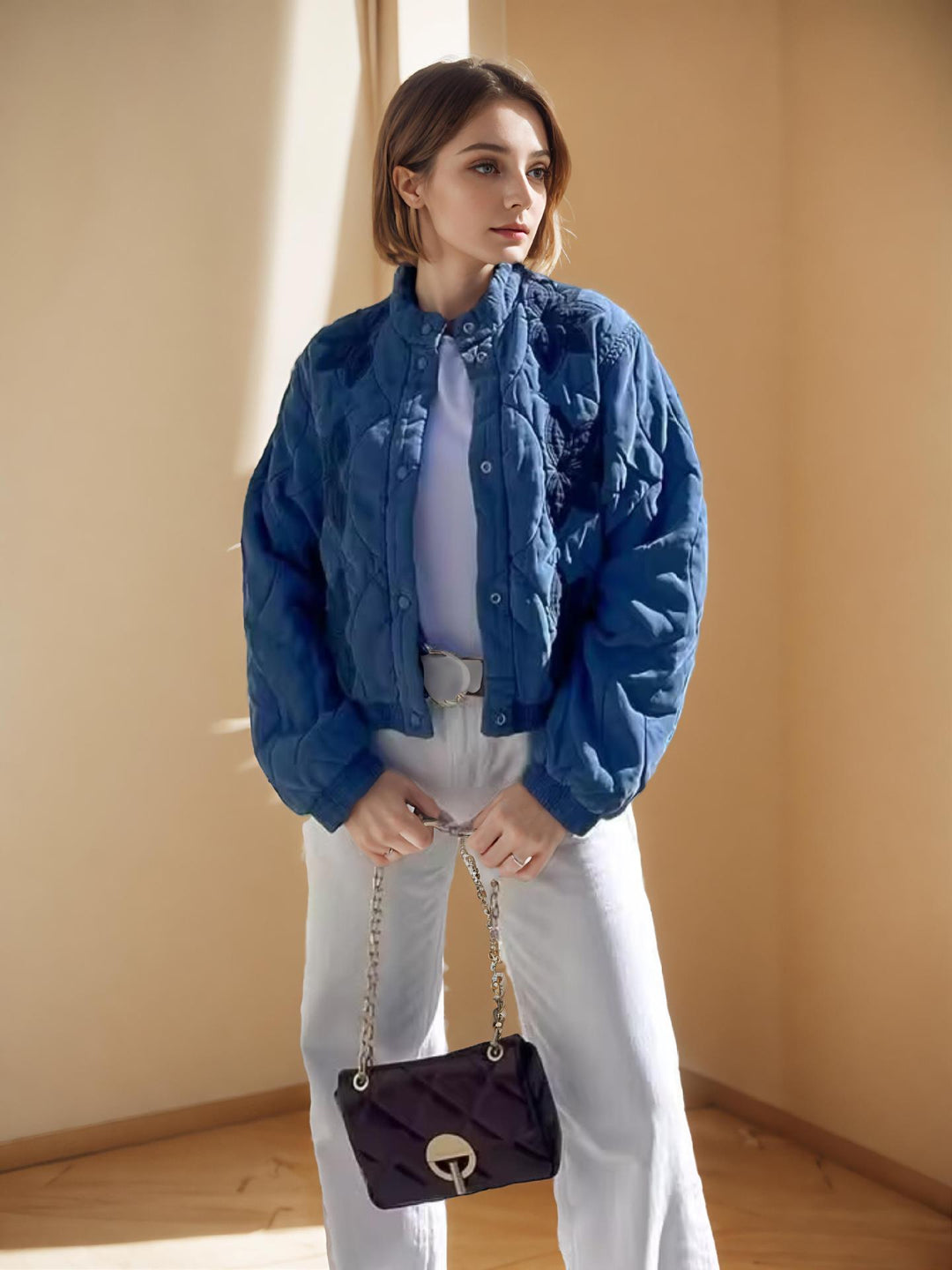 Damen gesteppte Übergangsjacke mit floralem Stickdesign Drune