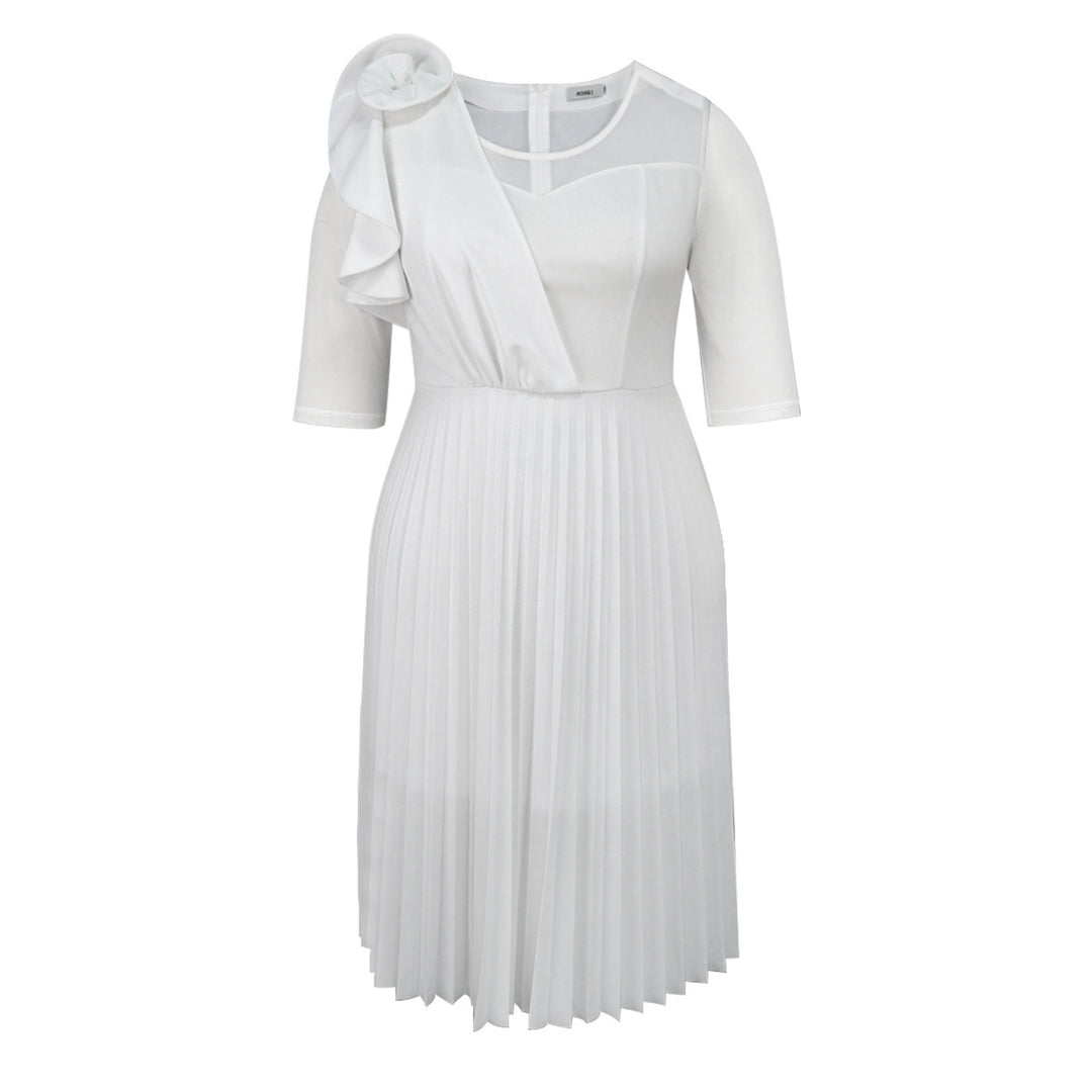 Damen elegantes Plissee-Kleid mit asymmetrischem Design und floralen Akzent Drune