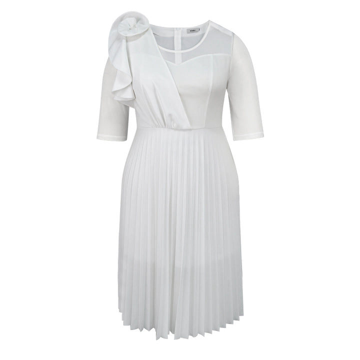 Damen elegantes Plissee-Kleid mit asymmetrischem Design und floralen Akzent Drune
