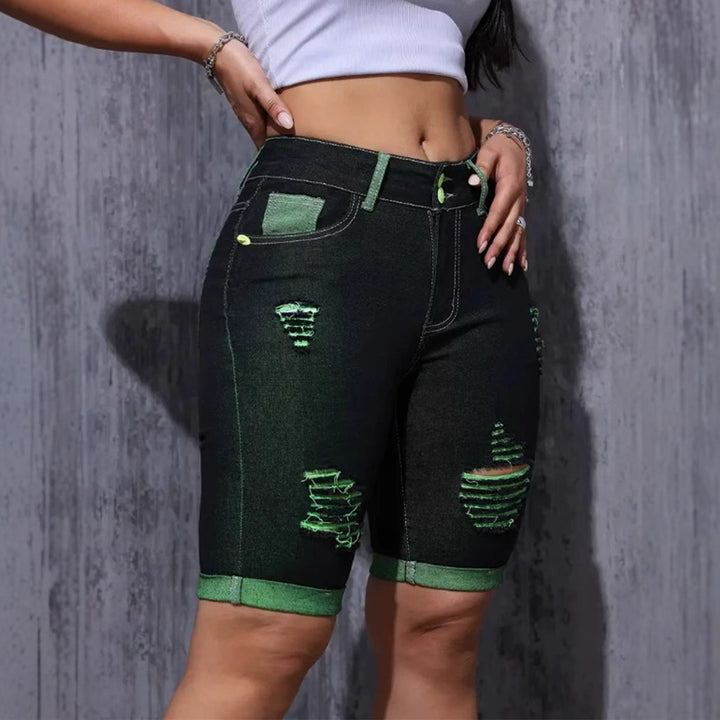 Damen Destroyed Denim-Shorts mit auffälligen Akzenten und hohem Bund Drune