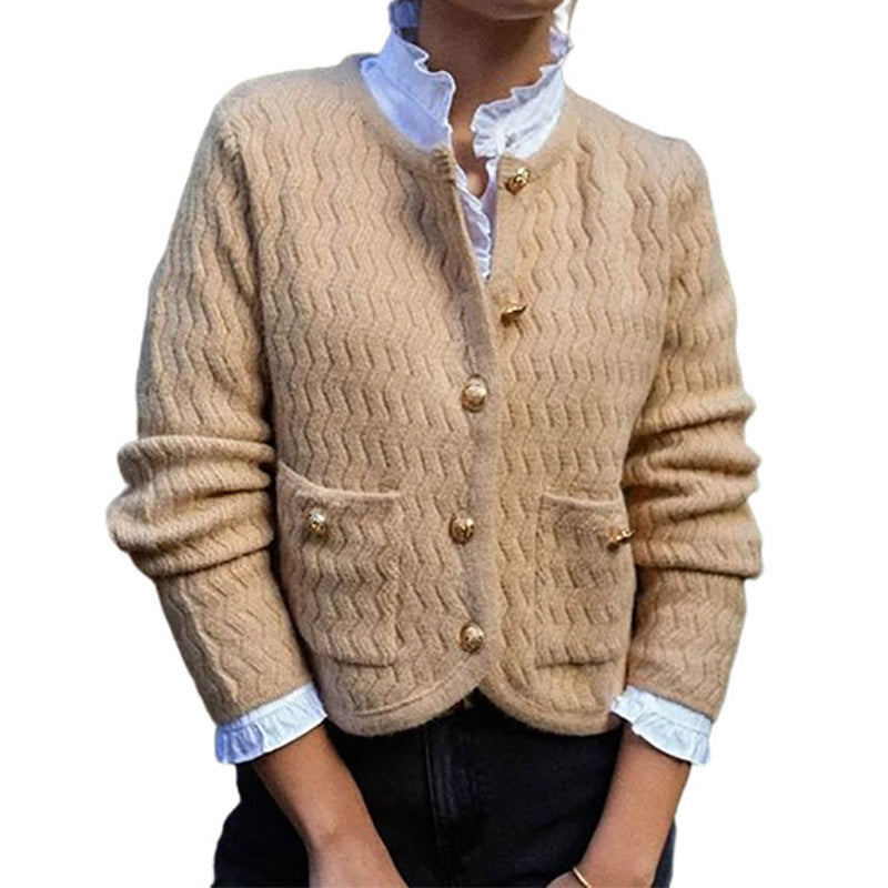 Damen Strickjacke mit strukturiertem Karomuster und dekorativen Knöpfen Drune