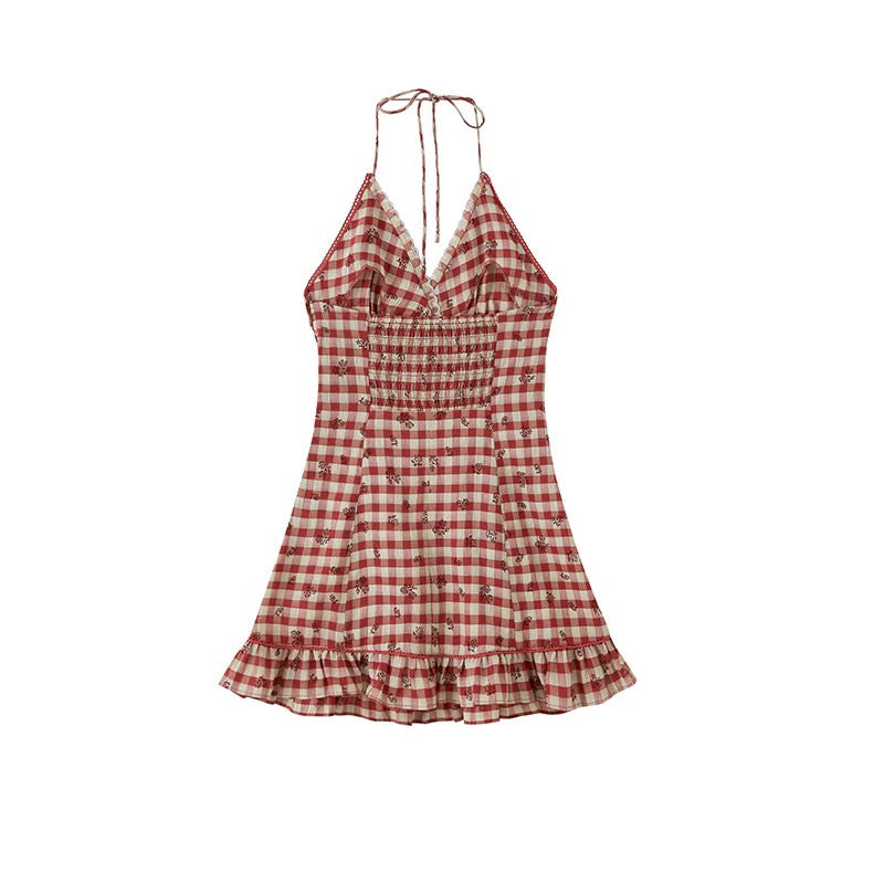 Damen Kariertes Sommerkleid mit Rüschendetails Drune