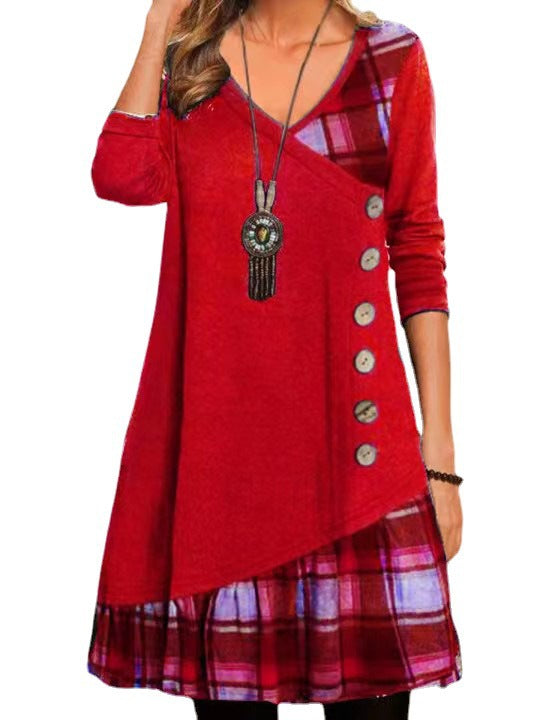 Damen asymmetrisches Freizeitkleid mit kariertem Saum und Knopfdetail Drune