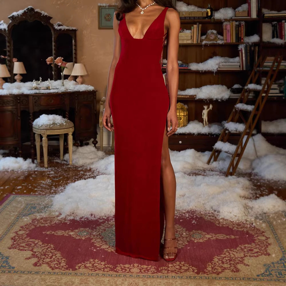 Damen Elegantes Maxikleid mit tiefem V-Ausschnitt und hohem Schlitz Drune