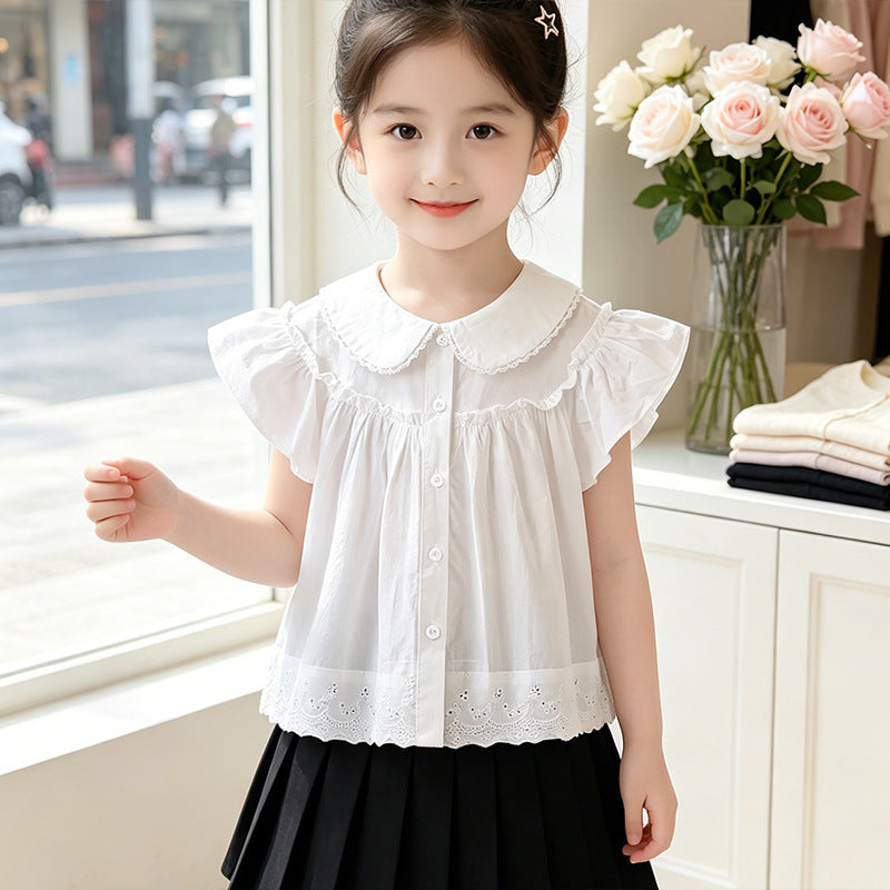 Mädchen elegante Bluse mit Spitzenkragen und Rüschendetails Drune