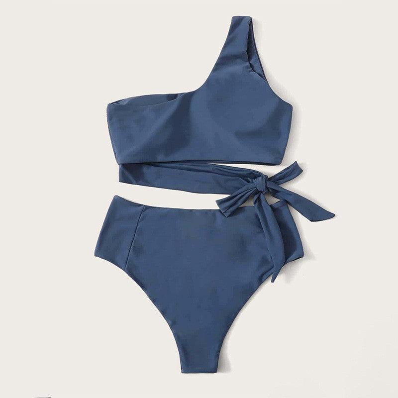 Damen One-Shoulder Bikini mit hoher Taille und seitlichem Bindeband Drune