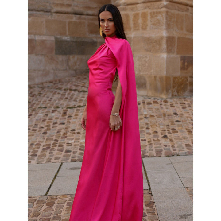 Damen elegantes Maxikleid mit asymmetrischem Oberteil und fließendem Schnitt Drune
