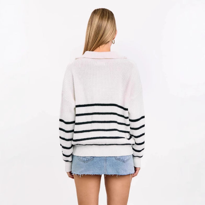 Damen sportlicher Strickpullover mit halbem Reißverschluss und Streifenmuster Drune