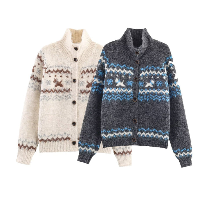 Damen Strickjacke mit traditionellem Muster und hochgeschlossenem Kragen Drune