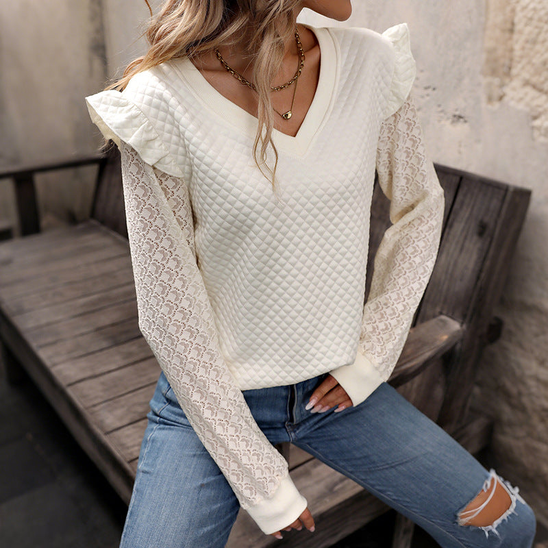Damen lässiger Pullover mit Spitzenärmeln und strukturiertem Waffelmuster Drune