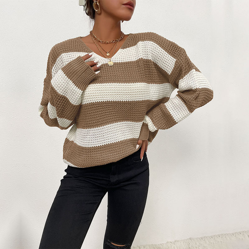 Damen lässiger Pullover mit strukturiertem Waffelmuster und V-Ausschnitt Drune