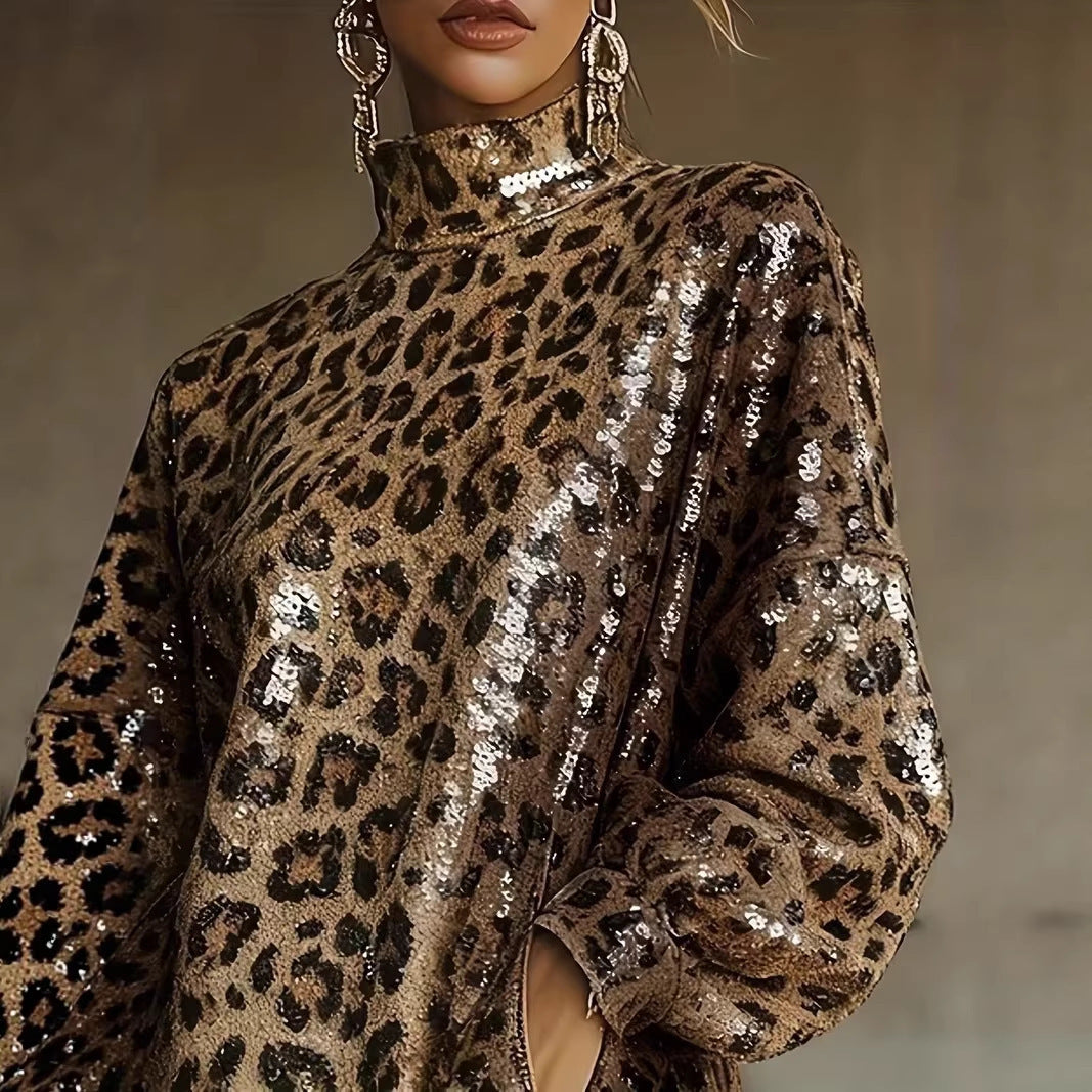 Damen Glitzerndes Kurzkleid mit Leopardenmuster und Fransen Drune