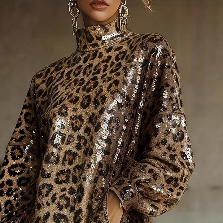 Damen Glitzerndes Kurzkleid mit Leopardenmuster und Fransen Drune