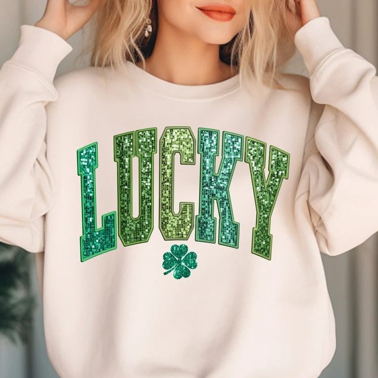 Damen lässiger Sweatshirt mit glitzerndem Schriftzug und Kleeblattmotiv Drune