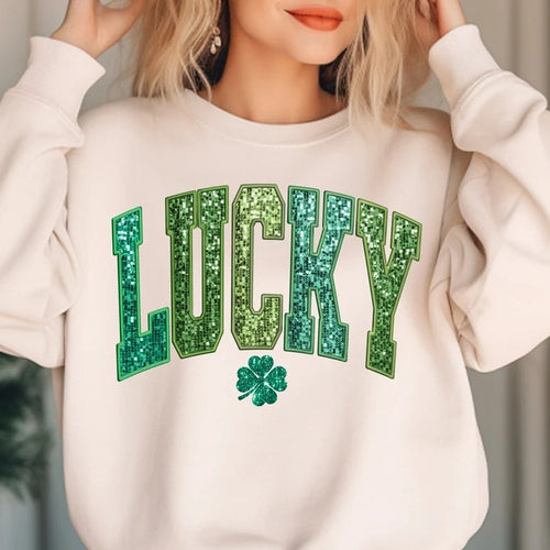 Damen lässiger Sweatshirt mit glitzerndem Schriftzug und Kleeblattmotiv Drune