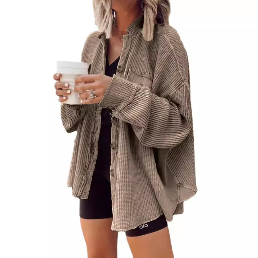 Damen oversized Waffelstruktur Hemdjacke Drune