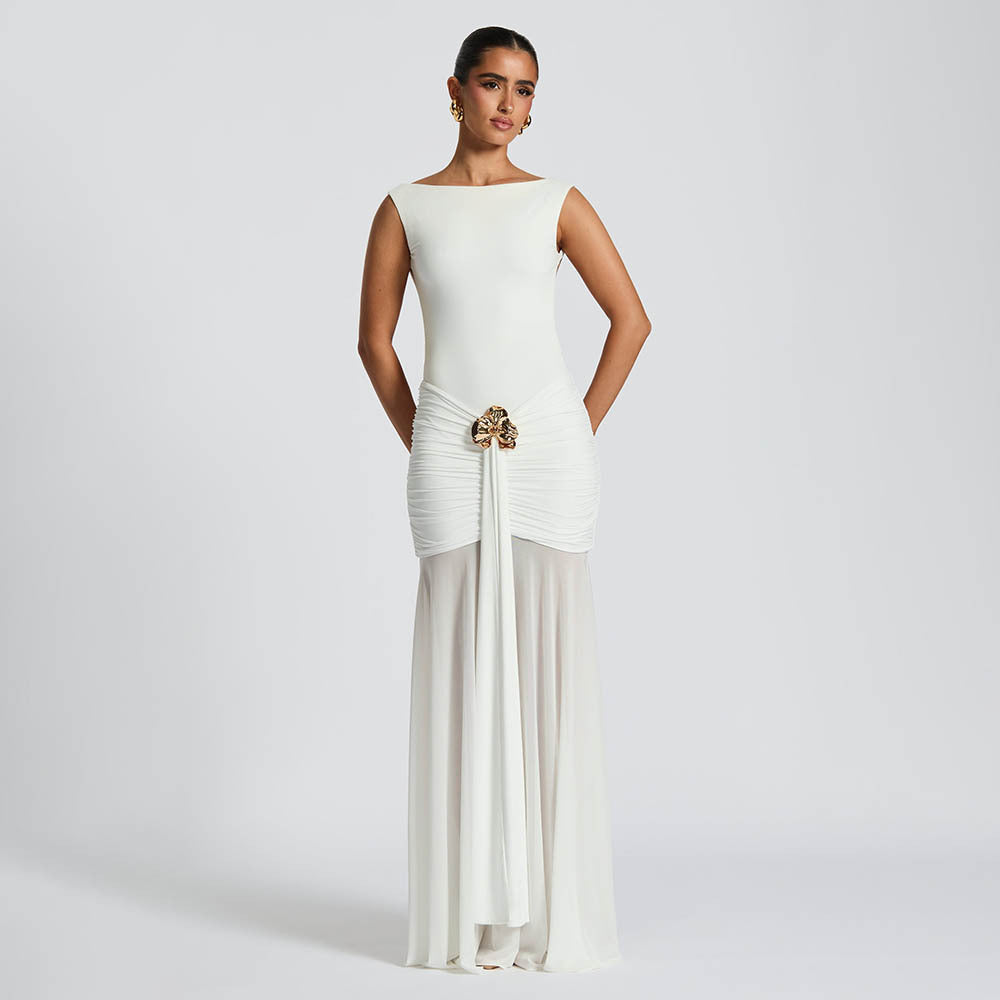 Damen elegantes bodenlanges Abendkleid mit raffinierten Fältchen und dekorativer Brosche Drune