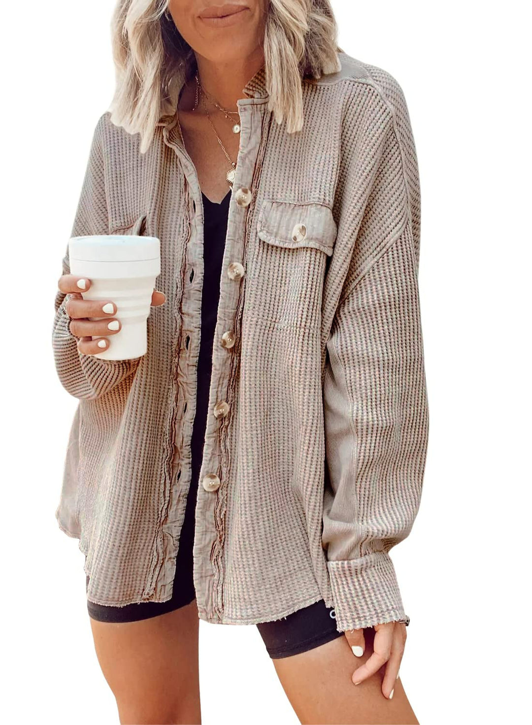 Damen oversized Waffelstruktur Hemdjacke Drune